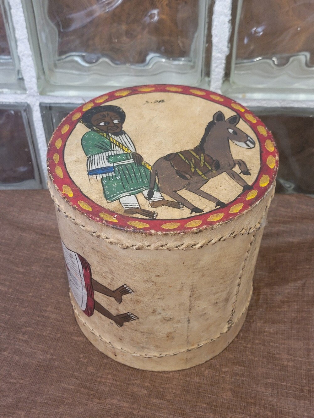 Vintage Hand-Painted Ethiopian Rawhide Drum / Decorative Cylinder